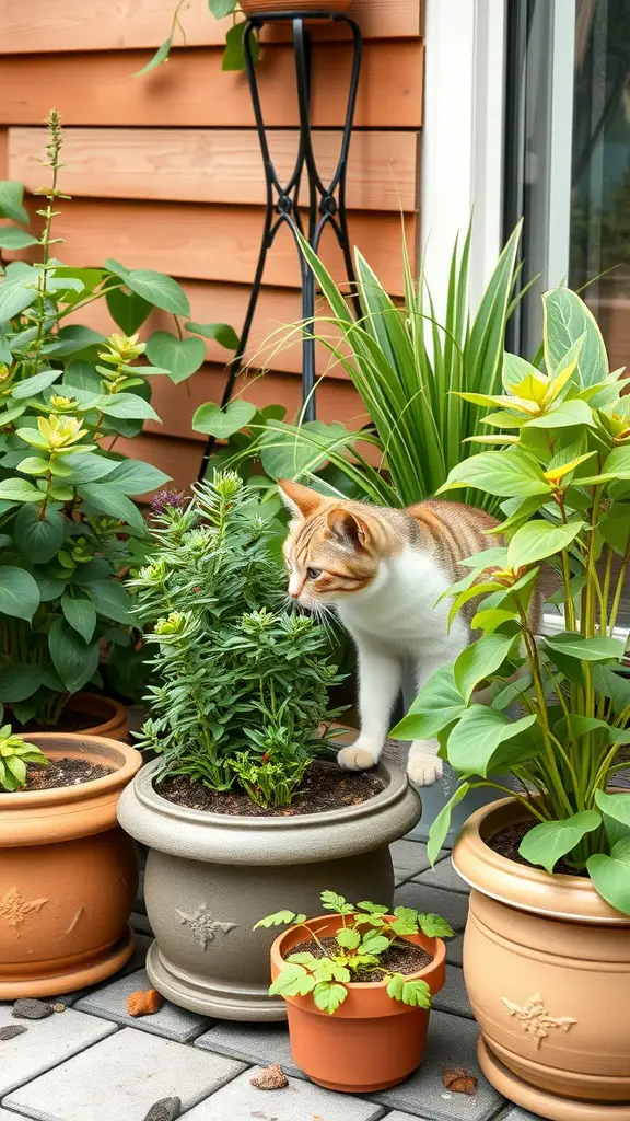 17+ Purr-fect DIY Projects for Cat Lovers 15 A curious cat sniffing a plant in a garden with various planters.