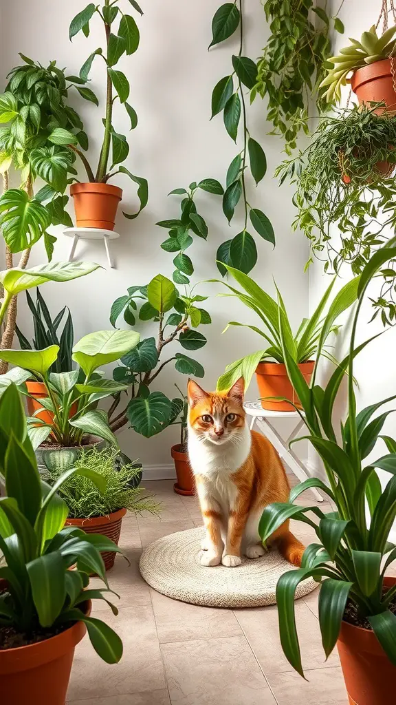 15 Creative Cat Room Ideas You’ll Love 12 A cozy room filled with various cat-friendly plants and an orange cat sitting on a rug.