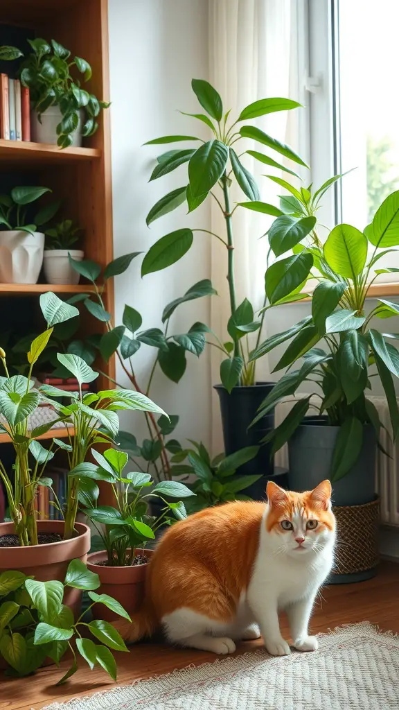 17 Purrfect Cat Apartment Ideas for Happy Felines 7 A cozy apartment corner with various plants and an orange and white cat.