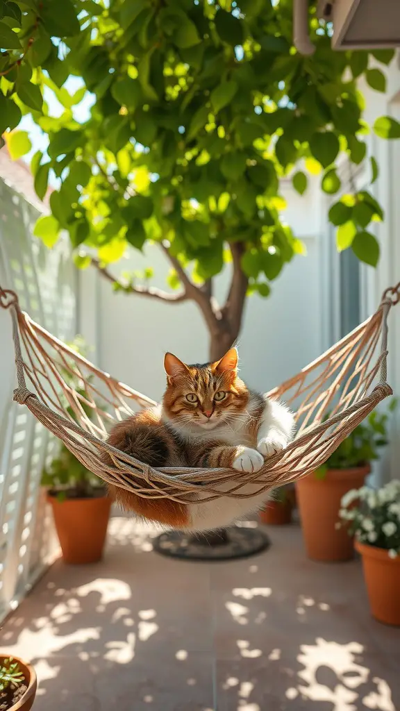 21 Creative Cat Friendly Patio Ideas for the Purrfect Outdoor Space 6 A cat lounging in a hammock under a leafy tree canopy on a patio.