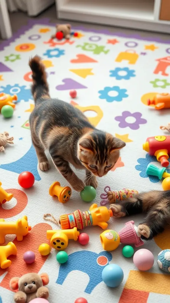 17+ Purr-fect DIY Projects for Cat Lovers 12 A playful cat exploring a colorful mat filled with various toys.