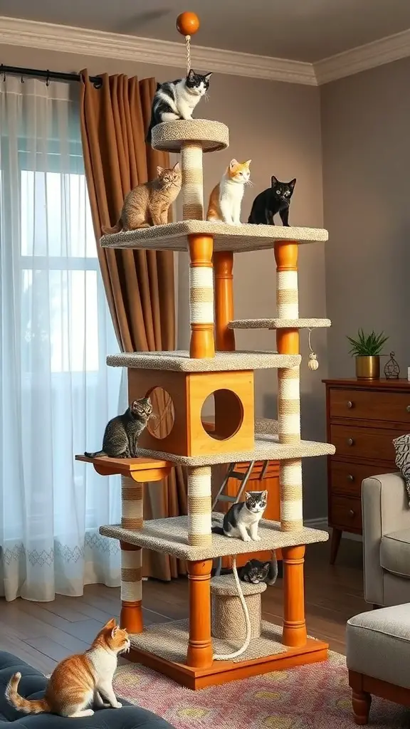 17+ Purr-fect DIY Projects for Cat Lovers 10 A tall cat tree tower with multiple levels and several cats playing on it.