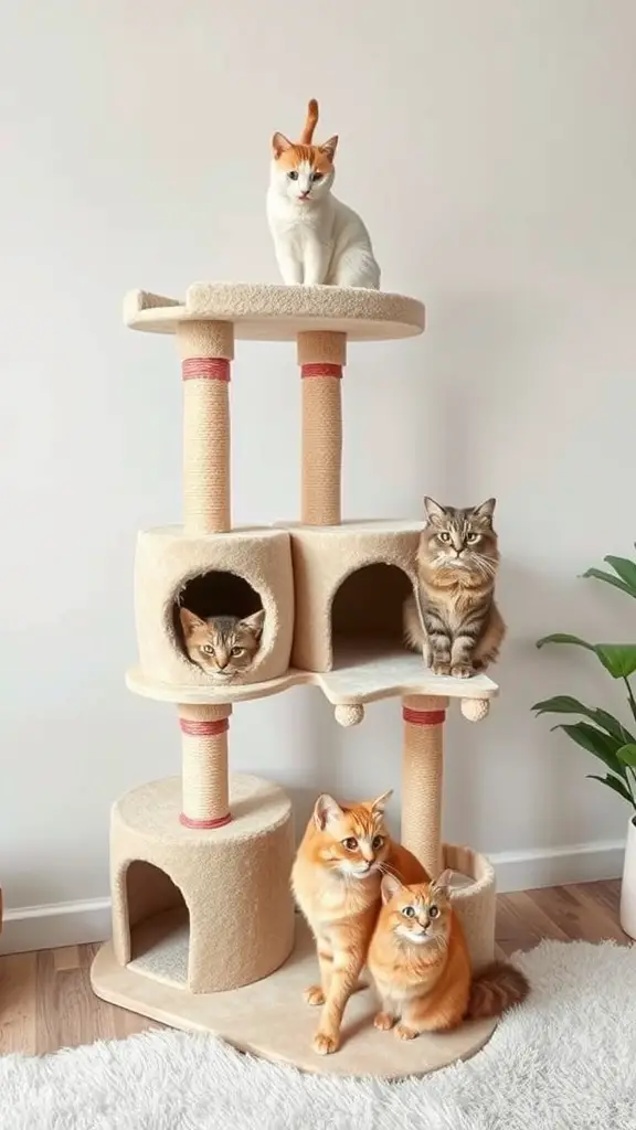 15 Creative Cat Room Ideas You’ll Love 5 A multi-level cat tree with built-in hideaways, featuring several cats lounging and playing on it.