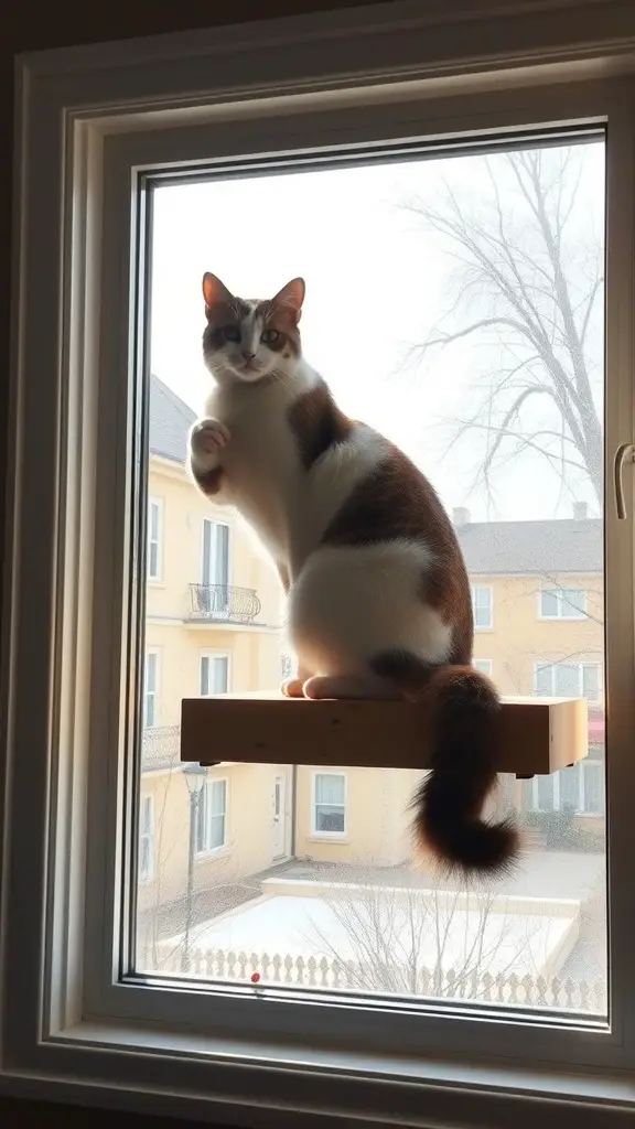 17+ Purr-fect DIY Projects for Cat Lovers 9 A cat sitting on a wooden perch attached to a window, looking outside.