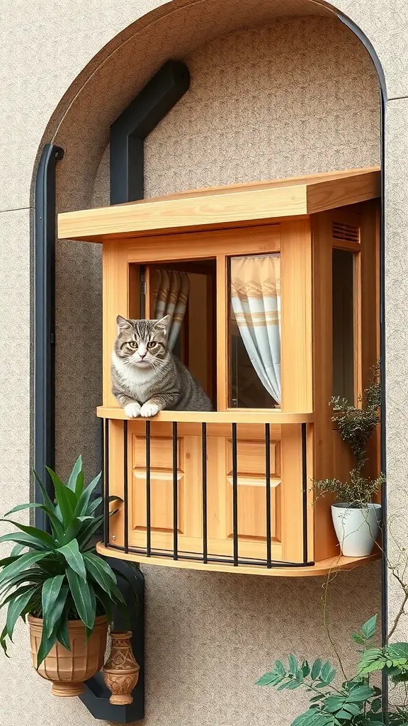 21 Creative Cat Balcony Ideas for a Purr-fect Outdoor Retreat 8 A wooden catio attached to a wall with a cat sitting on the balcony.