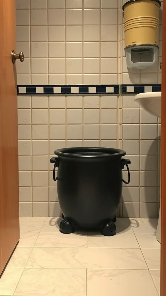 29 Spook-tacular Halloween Bathroom Decor Ideas 13 A black cauldron trash can in a bathroom setting