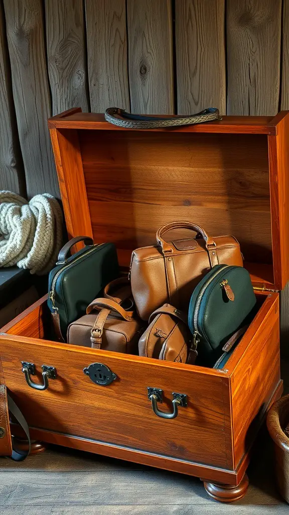 A cedar chest filled with various handbags, showcasing its spacious interior and rich wood grain.