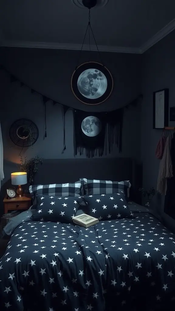 A cozy witchy bedroom with star-patterned bedding and moonlight decor.
