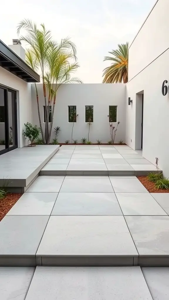 27 Affordable Patio Floor Ideas That Transform Your Outdoor Space 7 A modern patio featuring large cement pavers, steps leading to a raised platform, and surrounding greenery.