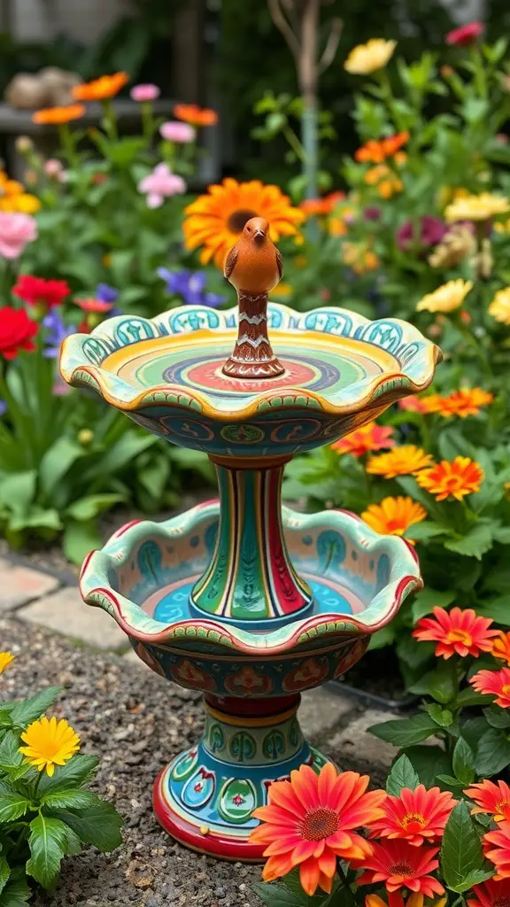 21 Creative Bird Bath Ideas for Stunning Landscaping 9 A colorful ceramic bird bath surrounded by vibrant flowers in a garden.