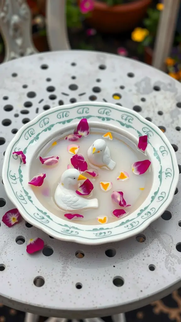A ceramic plate bird bath with bird figurines and flower petals