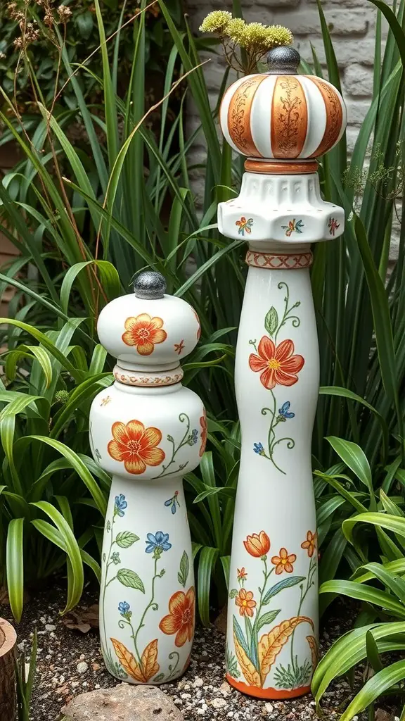 19 Stunning Garden Totems to Elevate Your Outdoor Space 2 Two ceramic garden totems with floral designs, surrounded by green plants.
