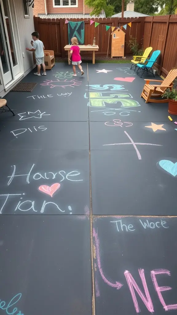 45 Creative Paint Ideas for Your Concrete Patio 7 Kids drawing on a chalkboard-painted concrete patio with colorful chalk.