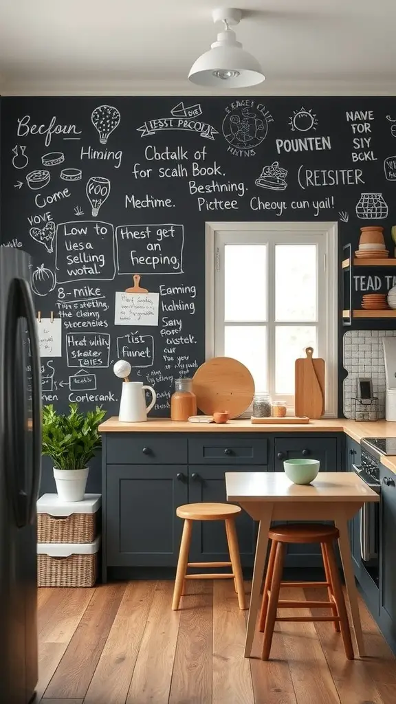 21 Creative Wall Storage Ideas to Maximize Your Space 13 A kitchen with a chalkboard wall filled with notes, reminders, and doodles, showcasing a creative space for family communication.