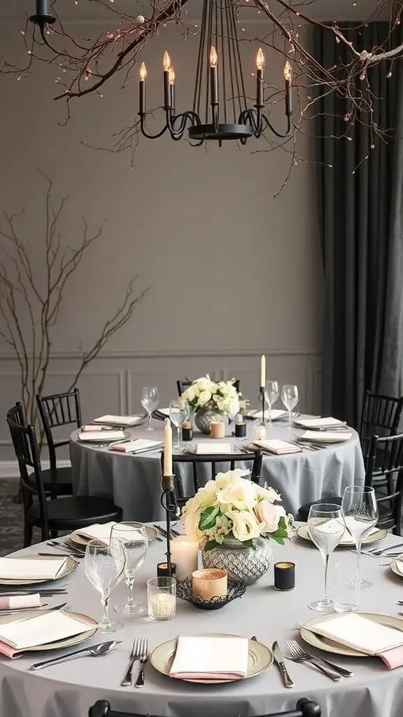 Elegant winter wedding table setting with charcoal grey tablecloth and blush accents.