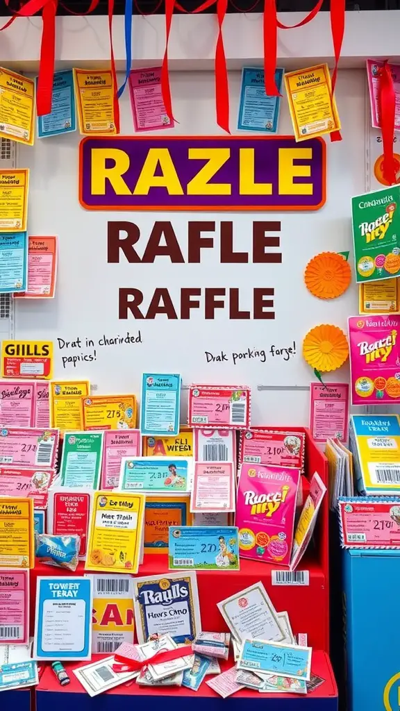 17 Creative Silent Auction Ideas to Boost Your Fundraising Event 12 Colorful raffle display with tickets and signage, promoting a charity raffle event.