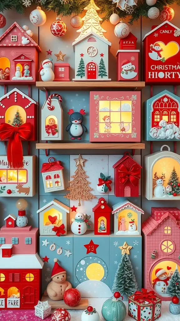 21+ Creative Christmas Decoration Ideas for a Festive Home 16 A colorful display of charming advent calendars featuring little houses, snowmen, and festive decorations.