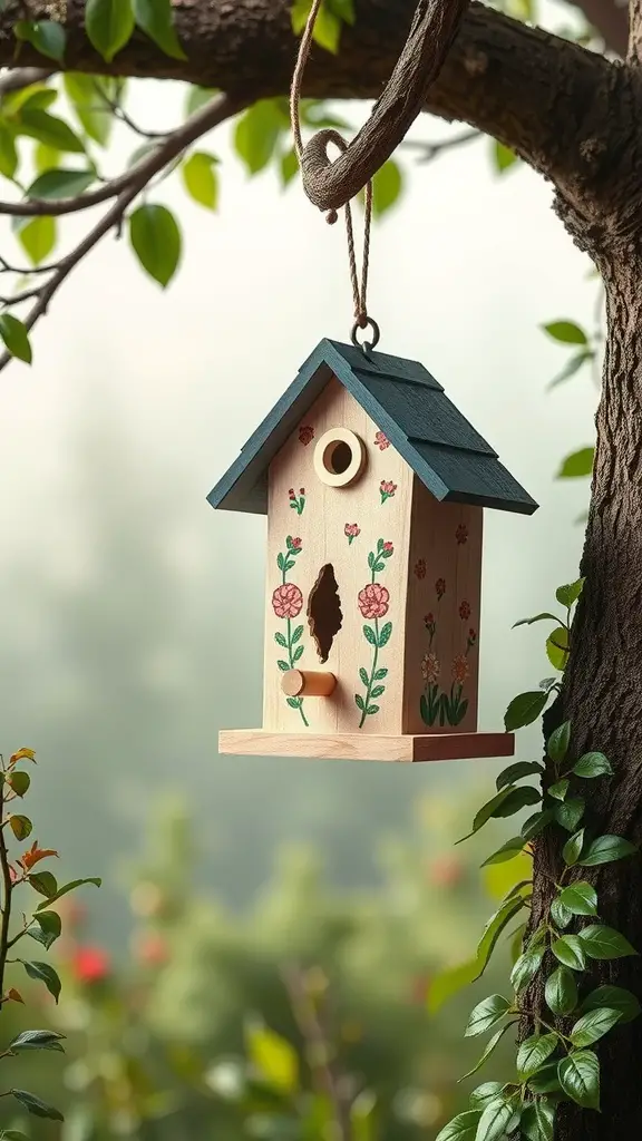 17 Charming Vintage Garden Decor Ideas to Enhance Your Outdoor Space 2 A beautifully painted birdhouse hanging from a tree branch, surrounded by green leaves.