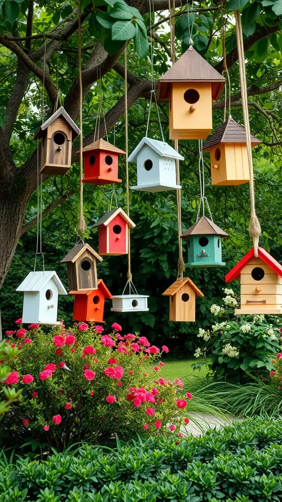 21 Charming Vintage Garden Decor Ideas to Transform Your Outdoor Space 7 Colorful birdhouses hanging from a tree in a garden with pink flowers