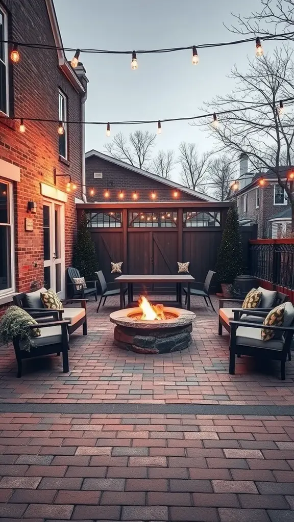 29 Stunning Outdoor Paver Patio Ideas to Transform Your Backyard 7 A charming brick patio featuring a fire pit, comfortable seating, and string lights.