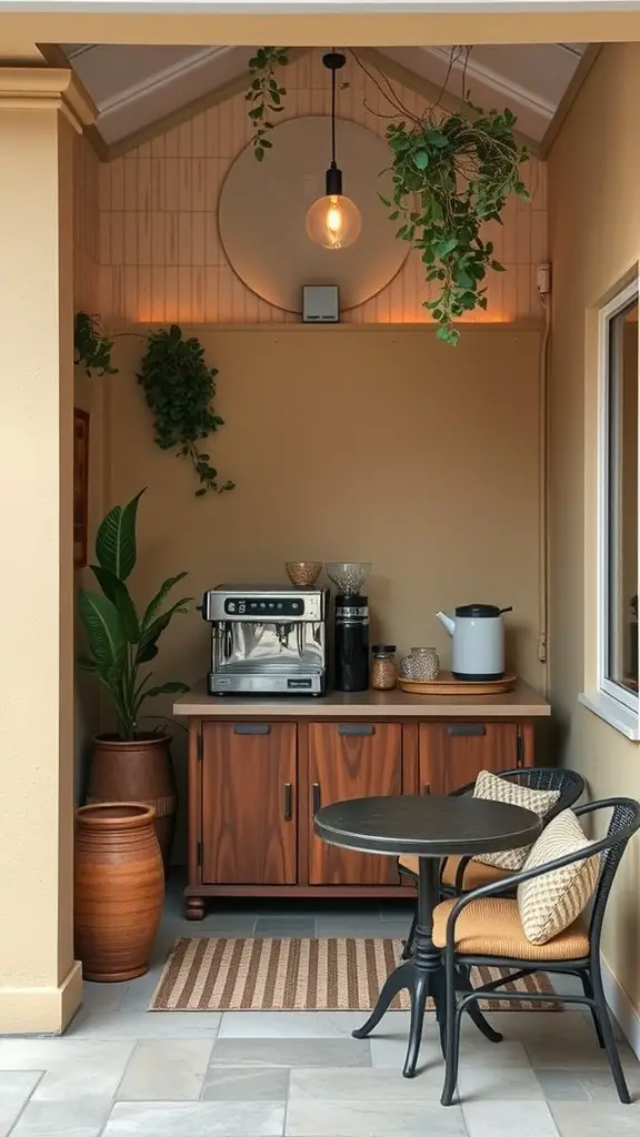 A charming coffee corner with a barista setup, featuring a coffee machine, plants, and a small table.