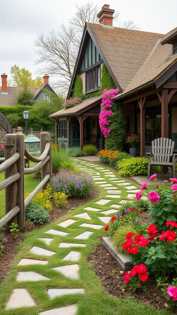 23 Stunning Dream Garden Ideas to Transform Your Outdoor Space 10 A charming cottage garden pathway with stone slabs, colorful flowers, and a cozy cottage in the background.