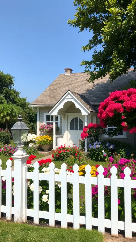 23 Inspiring Garden House Ideas for Your Outdoor Oasis 4 A charming cottage with a white picket fence and colorful flowers in the garden.