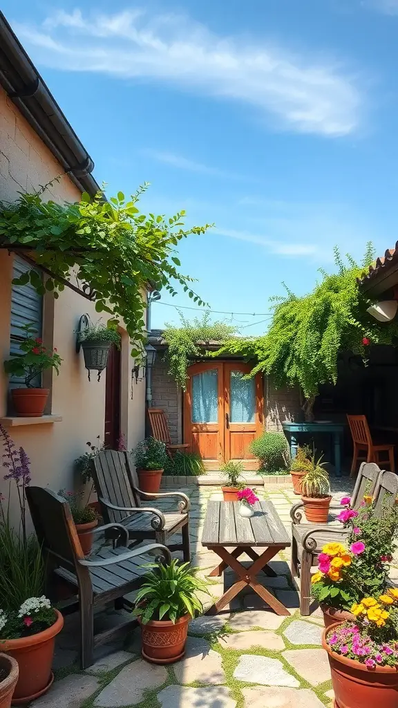 23 Vibrant Mexican Garden Ideas to Transform Your Outdoor Space 2 A charming courtyard garden with wooden chairs, a table, and colorful potted plants under a blue sky.