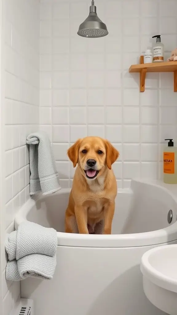 19+ Unique Dog Corner Ideas to Elevate Your Pet's Space 6 A happy dog sitting in a bathtub with a clean and inviting bathing area.