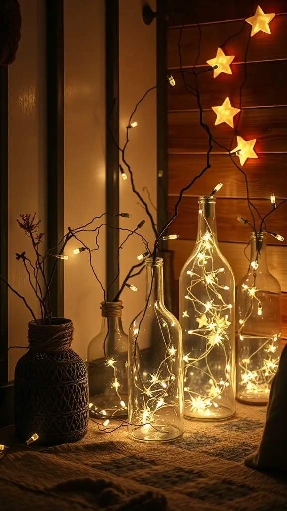 21 Creative Dollar Tree DIY Home Decor Ideas 17 Glass bottles filled with fairy lights, creating a warm and inviting atmosphere.