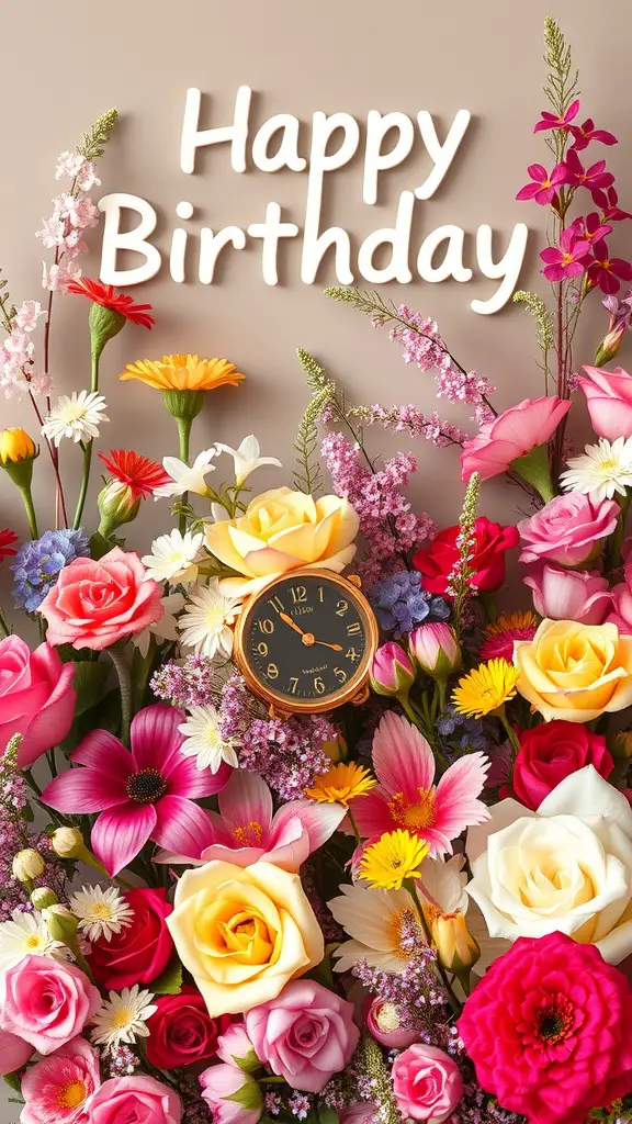 27+ Creative Birthday Decoration Ideas for an Unforgettable Celebration 16 A vibrant floral arrangement with a clock and 'Happy Birthday' text