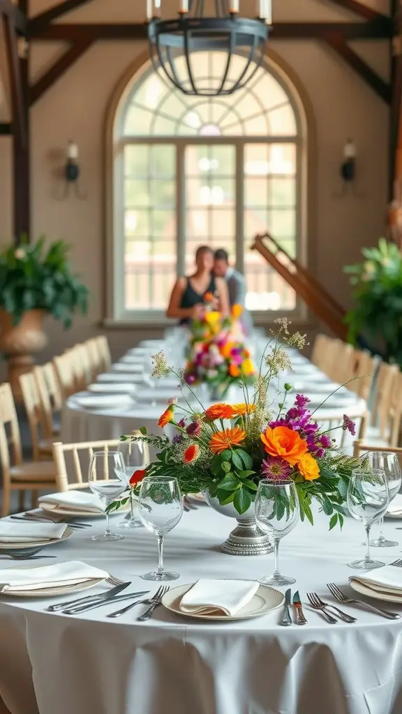 19 Whimsical Garden Party Ideas for Unforgettable Celebrations 10 A beautifully arranged table with vibrant floral centerpieces in a bright setting.