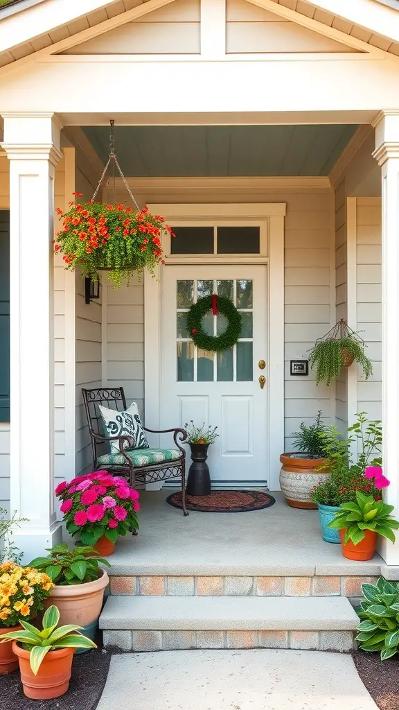 17 Stunning Front Yard Landscaping Ideas for a Beautiful Home Exterior 8 Charming front porch with potted plants and a cozy chair