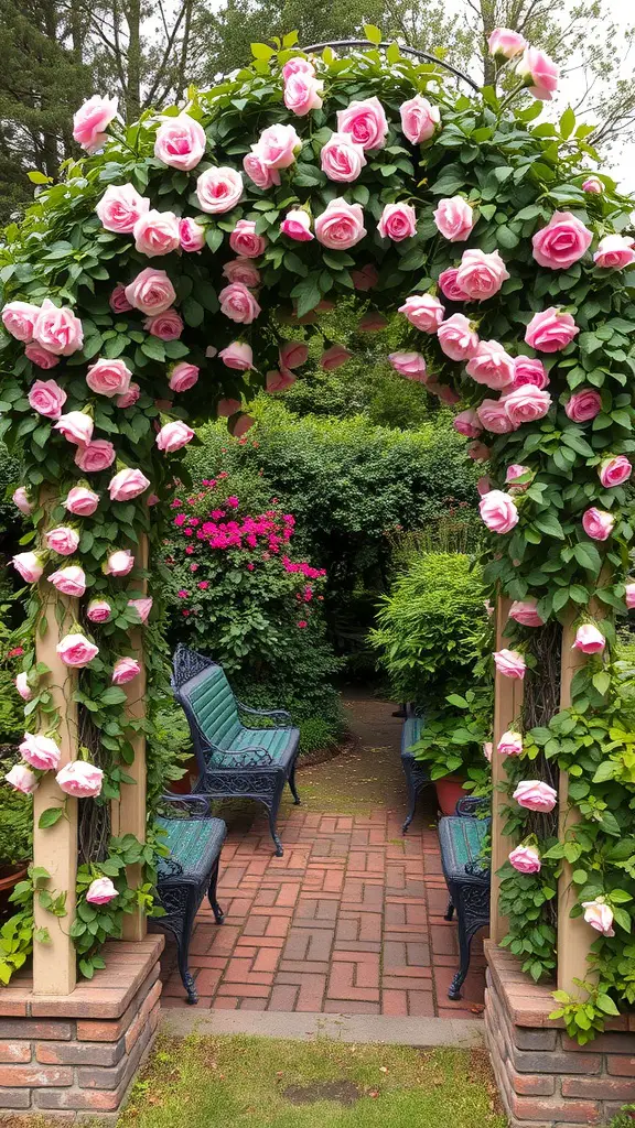 17 Charming Vintage Garden Decor Ideas to Enhance Your Outdoor Space 15 A garden arbor covered in pink roses with benches on either side and a brick pathway leading through.