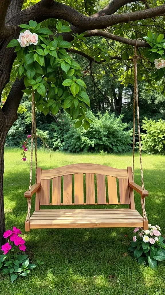 A wooden garden swing hanging from a tree, surrounded by green grass and blooming flowers.