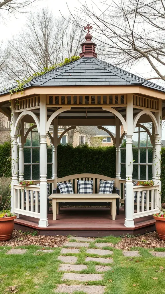 23 Amazing Backyard Ideas for Your Bloxburg Home 5 A charming gazebo with a cozy seating area surrounded by greenery and a stone path.