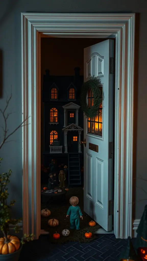 A charming Halloween scene featuring an open door revealing a haunted house with glowing windows, pumpkins, and figures in costumes.