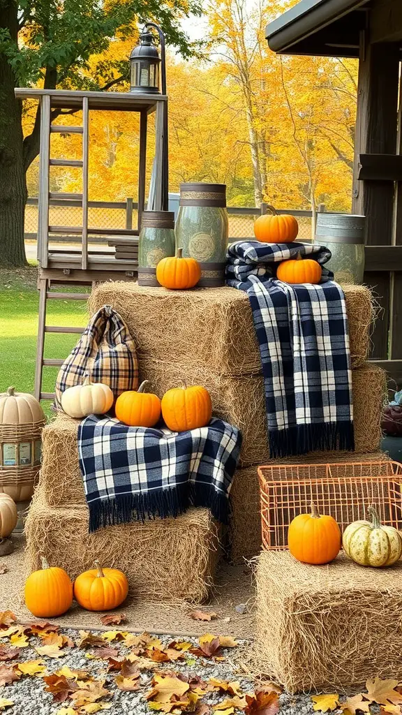 A charming fall decor display featuring hay bales, pumpkins, and plaid blankets.