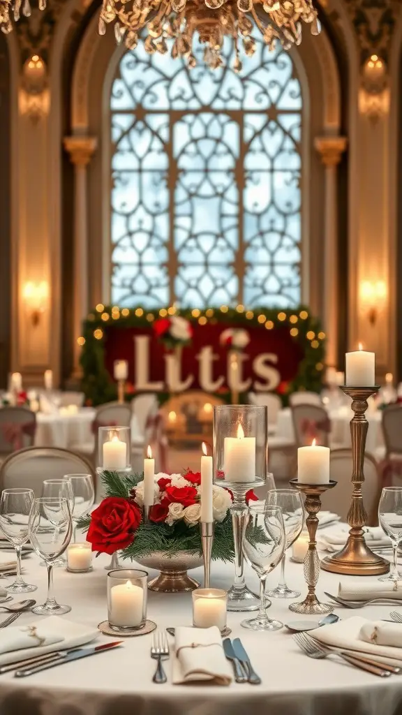 19+ Stunning Christmas Wedding Ideas You Need to See 7 A beautifully set table for a Christmas wedding featuring candles, floral arrangements, and elegant glassware.