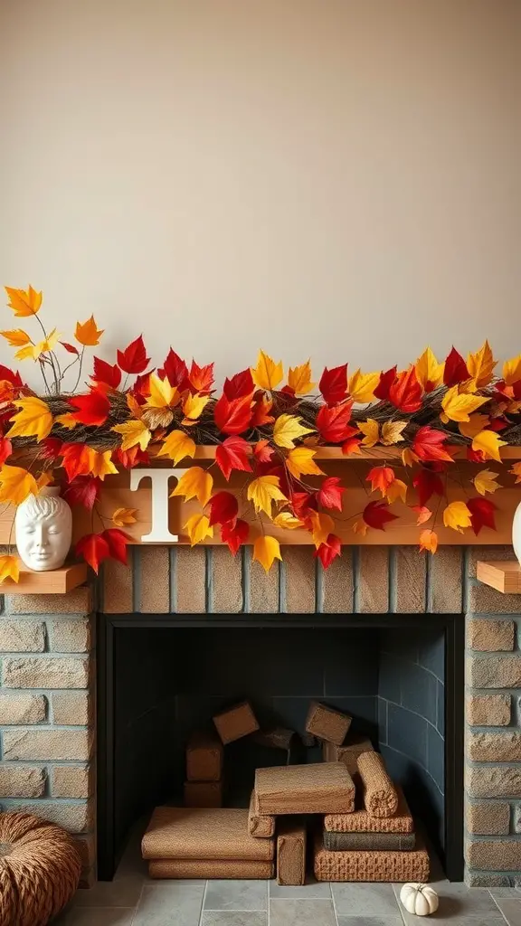 17 Creative Fall Leaves Decor Ideas for a Cozy Autumn Home 7 A mantel decorated with a colorful leaf garland featuring red, orange, and yellow leaves, complemented by a white ceramic face and stacked logs.