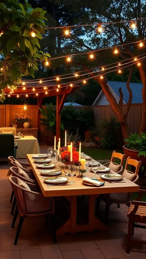 17 Inspiring Backyard Decorating Ideas to Transform Your Outdoor Space 2 Charming outdoor dining space with a wooden table, candles, and string lights