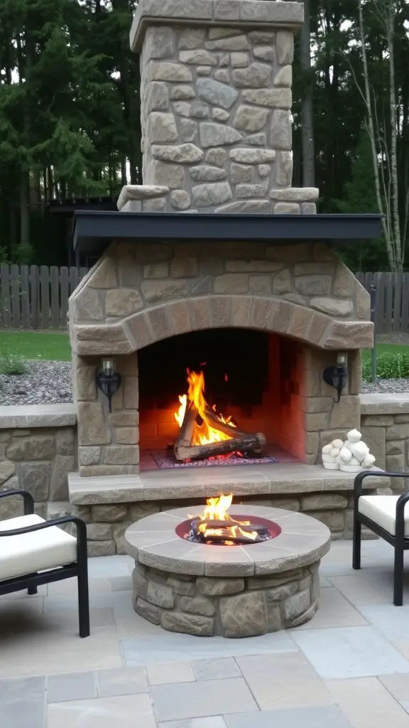 21 Stunning Mexican Patio Hacienda Style Ideas for Your Outdoor Space 9 A charming outdoor fireplace made of stone with a warm fire burning in front of comfortable seating.
