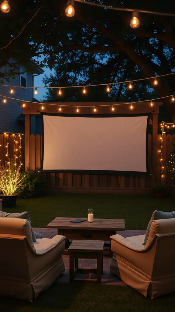 A cozy outdoor movie theater setup with a large screen, string lights, and comfortable seating.