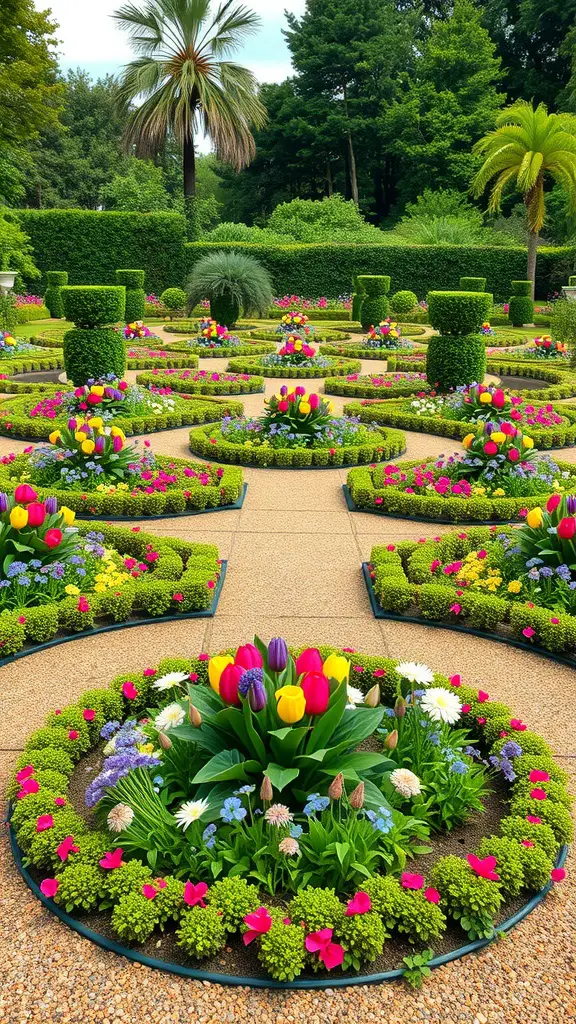 15 Stunning French Garden Ideas to Transform Your Outdoor Space 8 A beautifully arranged parterre garden featuring colorful flowers and trimmed hedges.