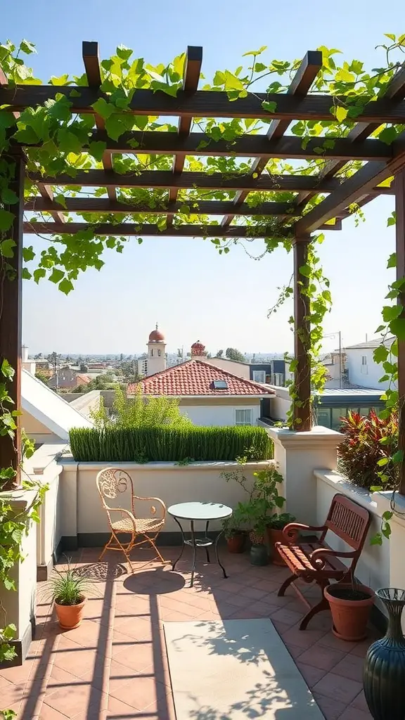 27 Stunning Rooftop Patio Designs for Your Outdoor Oasis 2 A rooftop patio featuring a wooden pergola with climbing plants, a small round table, and chairs, surrounded by potted plants.