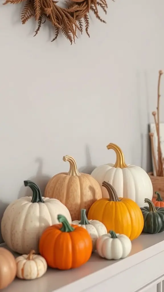 A charming display of pumpkins in various colors and sizes on a shelf, with a natural wreath above.