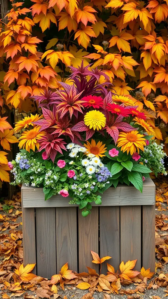 21 Gorgeous Fall Planters to Brighten Your Garden 10 A rustic wooden planter filled with colorful flowers, set against a backdrop of vibrant autumn leaves.