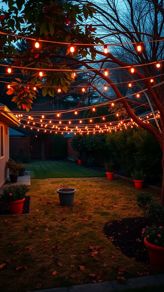 15 Must-Have Essentials for the Perfect Backyard Garden Party 7 Backyard garden with string lights hanging from trees, creating a warm atmosphere.