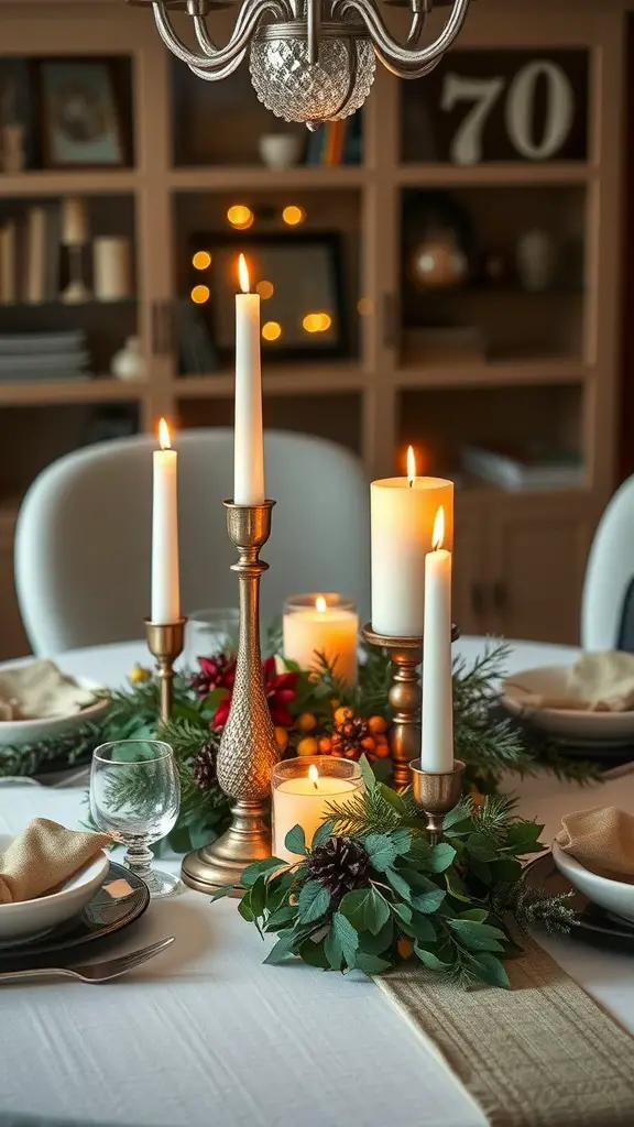 15 Creative Dollar Tree Christmas Decor Ideas for a Festive Home 5 A beautifully arranged table centerpiece featuring candles, greenery, and festive decor.