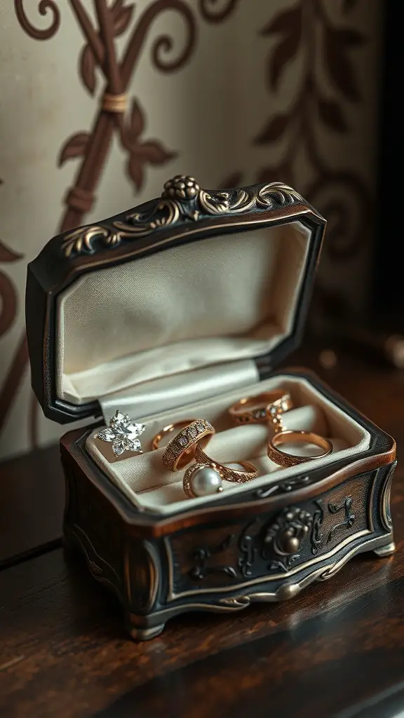 A vintage jewelry box with intricate design, holding several rings including a floral one and a pearl ring.